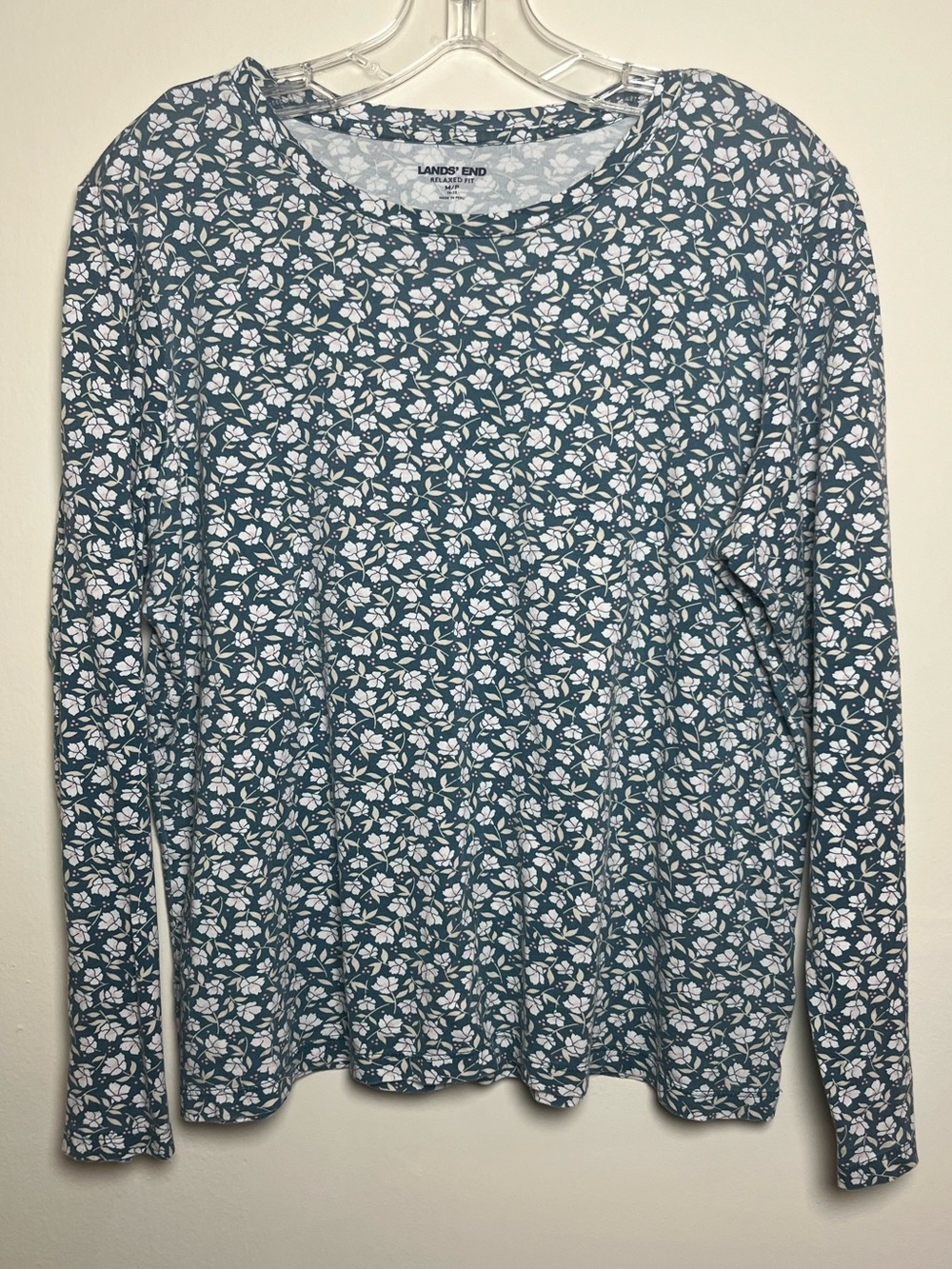 Lands' End Teal Floral Long Sleeve Cotton Crewneck Top